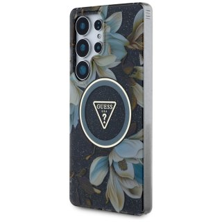 Etui Guess Glitter Flowers Triangle Buttons MagSafe do Samsung Galaxy S25 Ultra czarny