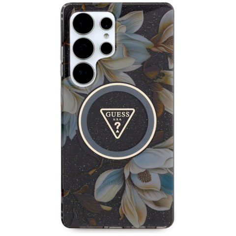 Etui Guess Glitter Flowers Triangle Buttons MagSafe do Samsung Galaxy S25 Ultra czarny