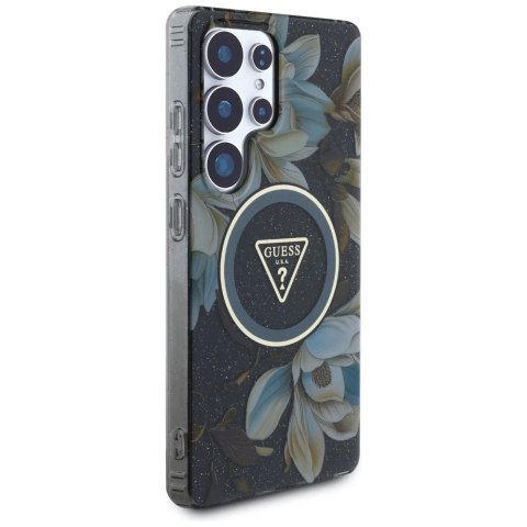 Etui Guess Glitter Flowers Triangle Buttons MagSafe do Samsung Galaxy S25 Ultra czarny