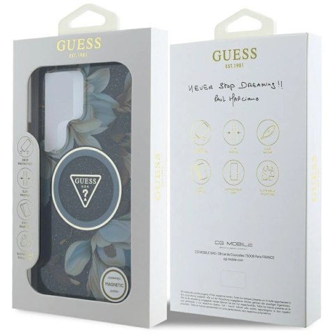 Etui Guess Glitter Flowers Triangle Buttons MagSafe do Samsung Galaxy S25 Ultra czarny