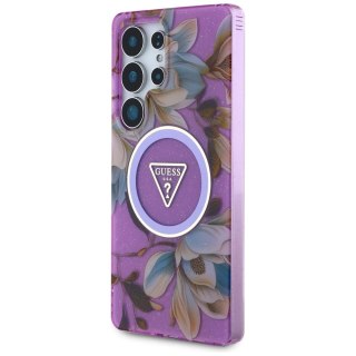 Etui Guess Glitter Flowers Triangle Buttons MagSafe do Samsung Galaxy S25 Ultra fioletowy