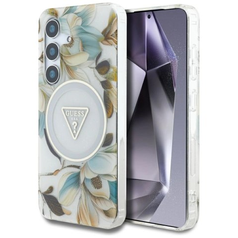 Etui Guess Glitter Flowers Triangle Buttons MagSafe do Samsung Galaxy S25 biały Etui Guess Glitter Flowers Triangle Buttons MagSafe do Samsung Galaxy S25 biały