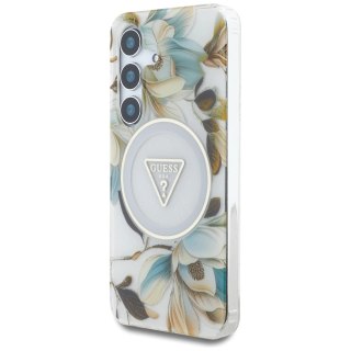 Etui Guess Glitter Flowers Triangle Buttons MagSafe do Samsung Galaxy S25 biały