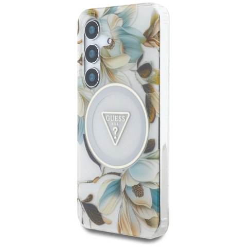 Etui Guess Glitter Flowers Triangle Buttons MagSafe do Samsung Galaxy S25 biały Etui Guess Glitter Flowers Triangle Buttons MagSafe do Samsung Galaxy S25 biały