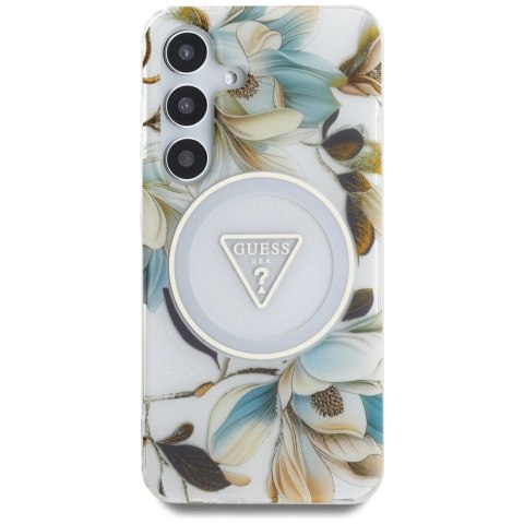 Etui Guess Glitter Flowers Triangle Buttons MagSafe do Samsung Galaxy S25 biały Etui Guess Glitter Flowers Triangle Buttons MagSafe do Samsung Galaxy S25 biały