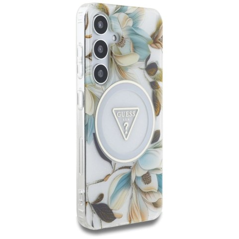 Etui Guess Glitter Flowers Triangle Buttons MagSafe do Samsung Galaxy S25 biały Etui Guess Glitter Flowers Triangle Buttons MagSafe do Samsung Galaxy S25 biały