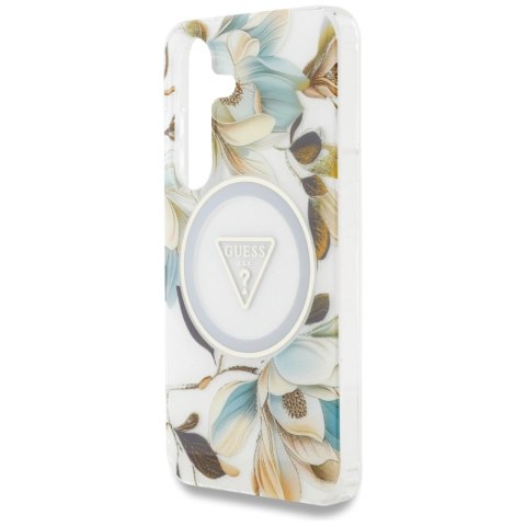 Etui Guess Glitter Flowers Triangle Buttons MagSafe do Samsung Galaxy S25 biały Etui Guess Glitter Flowers Triangle Buttons MagSafe do Samsung Galaxy S25 biały