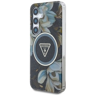 Etui Guess Glitter Flowers Triangle Buttons MagSafe do Samsung Galaxy S25 czarny