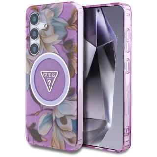 Etui Guess Glitter Flowers Triangle Buttons MagSafe do Samsung Galaxy S25 fioletowy