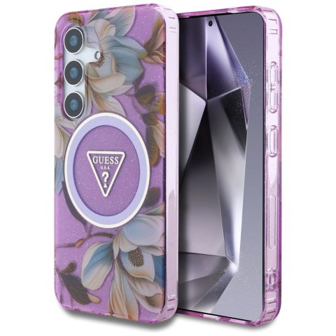 Etui Guess Glitter Flowers Triangle Buttons MagSafe do Samsung Galaxy S25 fioletowy Etui Guess Glitter Flowers Triangle Buttons MagSafe do Samsung Galaxy S25 fioletowy