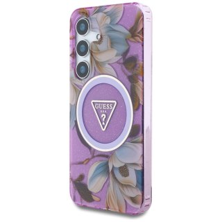 Etui Guess Glitter Flowers Triangle Buttons MagSafe do Samsung Galaxy S25 fioletowy