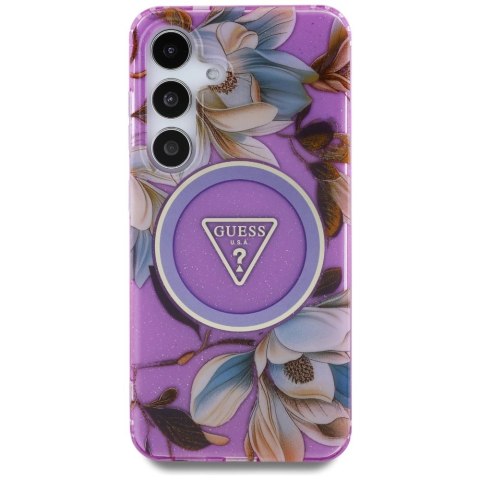 Etui Guess Glitter Flowers Triangle Buttons MagSafe do Samsung Galaxy S25 fioletowy Etui Guess Glitter Flowers Triangle Buttons MagSafe do Samsung Galaxy S25 fioletowy