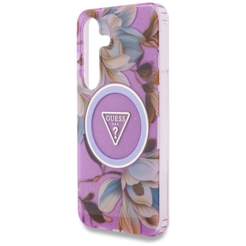 Etui Guess Glitter Flowers Triangle Buttons MagSafe do Samsung Galaxy S25 fioletowy Etui Guess Glitter Flowers Triangle Buttons MagSafe do Samsung Galaxy S25 fioletowy