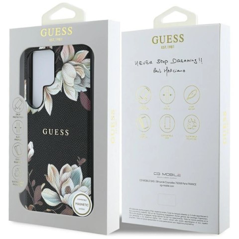 Etui Guess Grained Printed Flower Pattern MagSafe do Samsung Galaxy S25 Ultra czarny