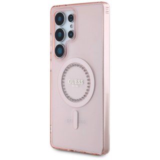 Etui Guess Rhinestones Printed Classic Logo MagSafe Samsung Galaxy S25 Ultra różowy