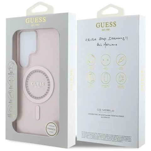 Etui Guess Rhinestones Printed Classic Logo MagSafe Samsung Galaxy S25 Ultra różowy