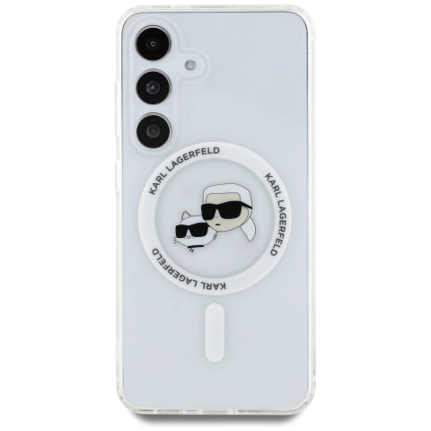 Etui Karl Lagerfeld Button Karl & Choupette Heads Printed Logo MagSafe Samsung Galaxy S25 Plus biały