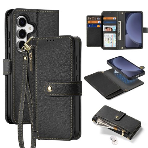 Etui skórzane Dux Ducis Lawa na Samsung Galaxy S25 z odłączanym portfelem magnetycznym - czarne Etui skórzane Dux Ducis Lawa na Samsung Galaxy S25 z odłączanym portfelem magnetycznym - czarne