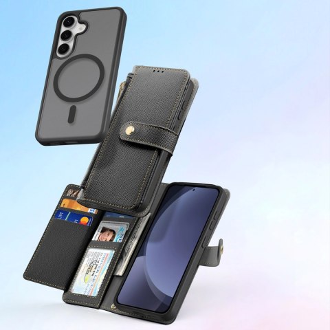 Etui skórzane Dux Ducis Lawa na Samsung Galaxy S25 z odłączanym portfelem magnetycznym - czarne Etui skórzane Dux Ducis Lawa na Samsung Galaxy S25 z odłączanym portfelem magnetycznym - czarne