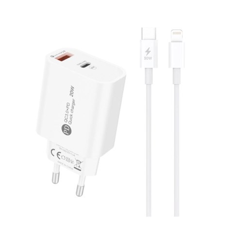 Ładowarka sieciowa A6MaxL 20W USB-A USB-C z kablem USB-C - Lightning 1m - biała Ładowarka sieciowa A6MaxL 20W USB-A USB-C z kablem USB-C - Lightning 1m - biała