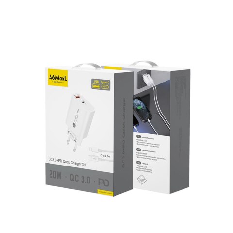 Ładowarka sieciowa A6MaxL 20W USB-A USB-C z kablem USB-C - Lightning 1m - biała Ładowarka sieciowa A6MaxL 20W USB-A USB-C z kablem USB-C - Lightning 1m - biała