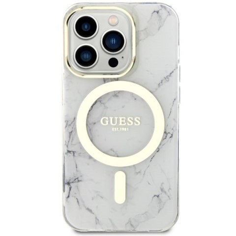 Guess nakładka do iPhone 14 Pro 6,1" GUHMP14LPCUMAH biała hard case Marble MagSafe