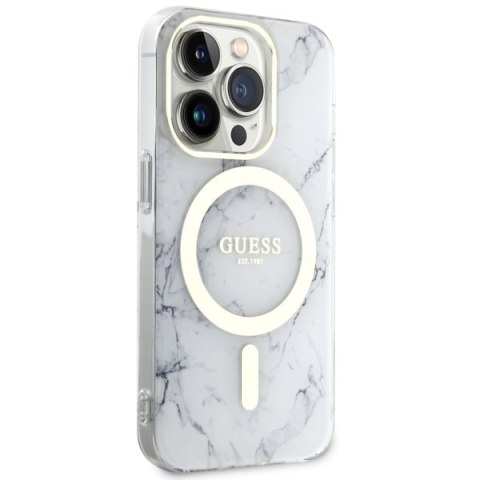 Guess nakładka do iPhone 14 Pro 6,1" GUHMP14LPCUMAH biała hard case Marble MagSafe