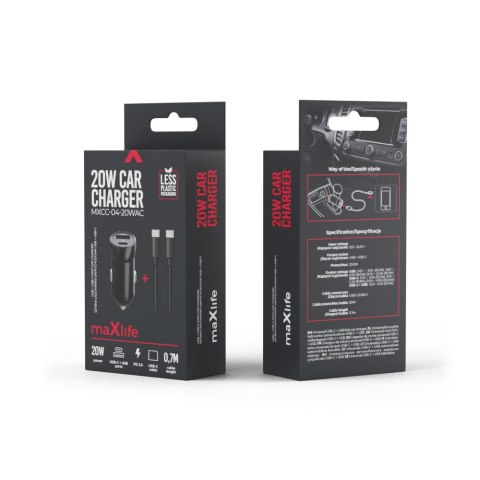 Maxlife ładowarka samochodowa PD QC MXCC-04 1x USB-C 1x USB 20W czarna + kabel USB-C - USB-C 60W Maxlife ładowarka samochodowa PD QC MXCC-04 1x USB-C 1x USB 20W czarna + kabel USB-C - USB-C 60W