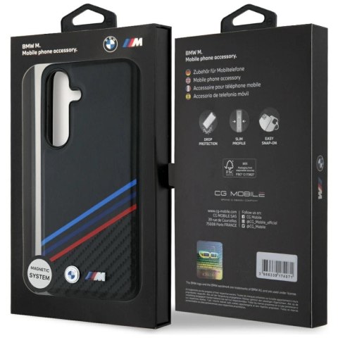 Etui BMW Leather Tricolor Crossing Stripes MagSafe na Samsung Galaxy S25 - czarne
