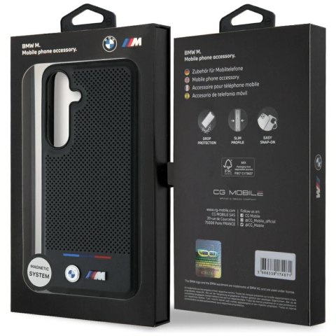 Etui BMW Leather Tricolor Stripe MagSafe na Samsung Galaxy S25 - czarne Etui BMW Leather Tricolor Stripe MagSafe na Samsung Galaxy S25 - czarne