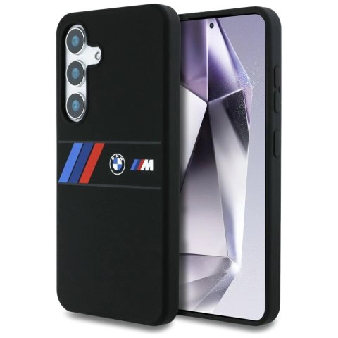 Etui BMW Silicone Middle Tricolor Stripes MagSafe na Samsung Galaxy S25 - czarne Etui BMW Silicone Middle Tricolor Stripes MagSafe na Samsung Galaxy S25 - czarne