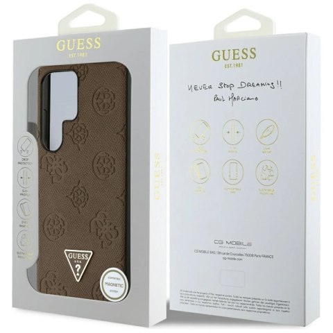 Etui Guess Grained Hot Stamp Peony Pattern Triangle Logo MagSafe na Samsung Galaxy S25 Ultra - brązowe Etui Guess Grained Hot Stamp Peony Pattern Triangle Logo MagSafe na Samsung Galaxy S25 Ultra - brązowe