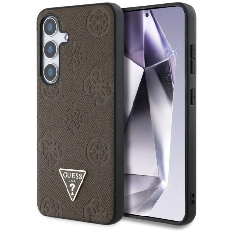 Etui Guess Grained Hot Stamp Peony Pattern Triangle Logo MagSafe na Samsung Galaxy S25 - brązowe Etui Guess Grained Hot Stamp Peony Pattern Triangle Logo MagSafe na Samsung Galaxy S25 - brązowe