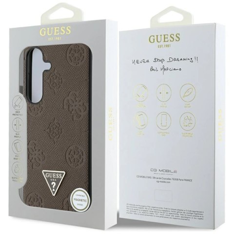 Etui Guess Grained Hot Stamp Peony Pattern Triangle Logo MagSafe na Samsung Galaxy S25 - brązowe Etui Guess Grained Hot Stamp Peony Pattern Triangle Logo MagSafe na Samsung Galaxy S25 - brązowe