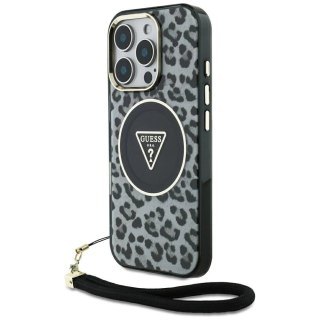 Etui Guess HC IML Leopard Triangle Cord Strap MagSafe do iPhone 16 Pro Max - czarne