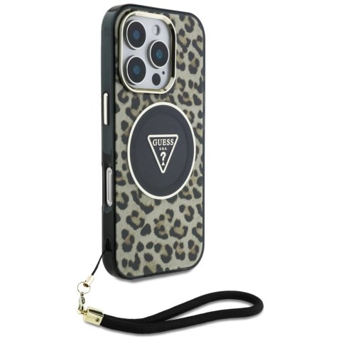 Etui Guess HC IML Leopard Triangle Cord Strap MagSafe do iPhone 16 Pro - brązowe Etui Guess HC IML Leopard Triangle Cord Strap MagSafe do iPhone 16 Pro - brązowe