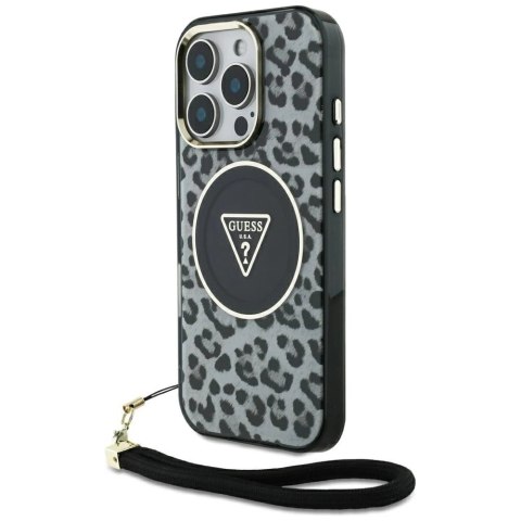 Etui Guess HC IML Leopard Triangle Cord Strap MagSafe do iPhone 16 Pro - czarne Etui Guess HC IML Leopard Triangle Cord Strap MagSafe do iPhone 16 Pro - czarne