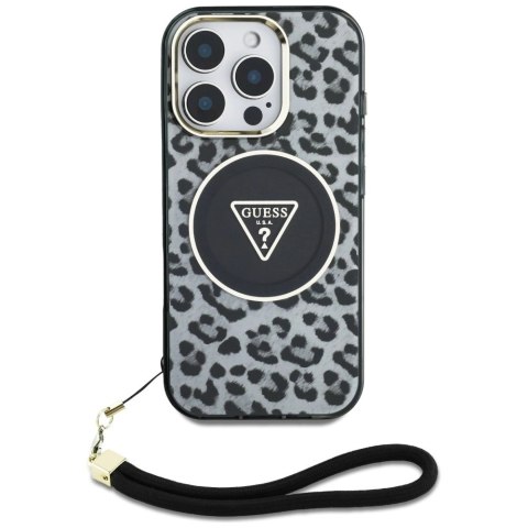 Etui Guess HC IML Leopard Triangle Cord Strap MagSafe do iPhone 16 Pro - czarne Etui Guess HC IML Leopard Triangle Cord Strap MagSafe do iPhone 16 Pro - czarne