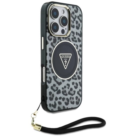 Etui Guess HC IML Leopard Triangle Cord Strap MagSafe do iPhone 16 Pro - czarne Etui Guess HC IML Leopard Triangle Cord Strap MagSafe do iPhone 16 Pro - czarne
