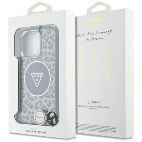 Etui Guess HC IML Leopard Triangle Cord Strap MagSafe do iPhone 16 Pro - czarne Etui Guess HC IML Leopard Triangle Cord Strap MagSafe do iPhone 16 Pro - czarne