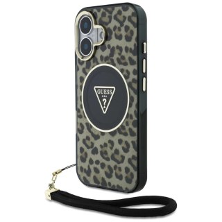 Etui Guess HC IML Leopard Triangle Cord Strap MagSafe do iPhone 16 - brązowe