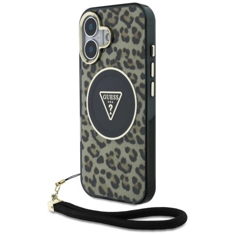 Etui Guess HC IML Leopard Triangle Cord Strap MagSafe do iPhone 16 - brązowe Etui Guess HC IML Leopard Triangle Cord Strap MagSafe do iPhone 16 - brązowe