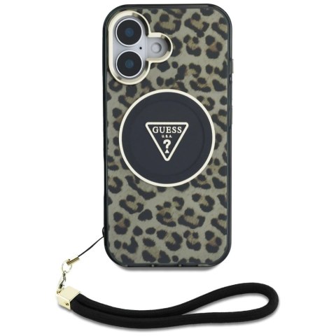 Etui Guess HC IML Leopard Triangle Cord Strap MagSafe do iPhone 16 - brązowe Etui Guess HC IML Leopard Triangle Cord Strap MagSafe do iPhone 16 - brązowe