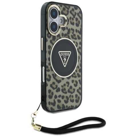 Etui Guess HC IML Leopard Triangle Cord Strap MagSafe do iPhone 16 - brązowe Etui Guess HC IML Leopard Triangle Cord Strap MagSafe do iPhone 16 - brązowe