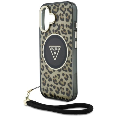 Etui Guess HC IML Leopard Triangle Cord Strap MagSafe do iPhone 16 - brązowe Etui Guess HC IML Leopard Triangle Cord Strap MagSafe do iPhone 16 - brązowe