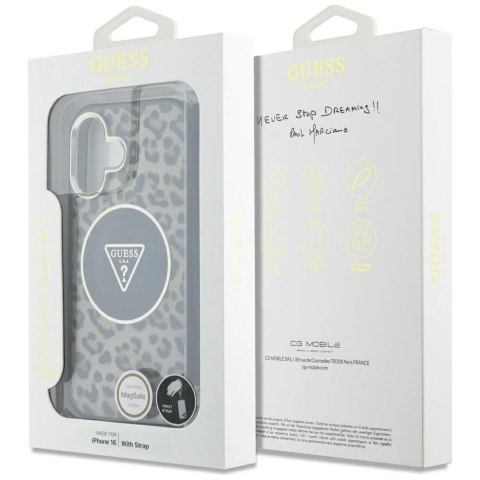 Etui Guess HC IML Leopard Triangle Cord Strap MagSafe do iPhone 16 - brązowe Etui Guess HC IML Leopard Triangle Cord Strap MagSafe do iPhone 16 - brązowe
