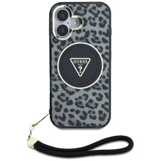 Etui Guess HC IML Leopard Triangle Cord Strap MagSafe do iPhone 16 - czarne