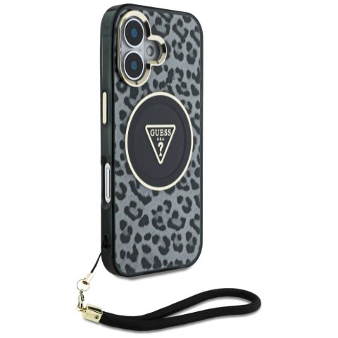 Etui Guess HC IML Leopard Triangle Cord Strap MagSafe do iPhone 16 - czarne Etui Guess HC IML Leopard Triangle Cord Strap MagSafe do iPhone 16 - czarne
