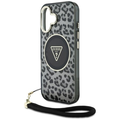 Etui Guess HC IML Leopard Triangle Cord Strap MagSafe do iPhone 16 - czarne Etui Guess HC IML Leopard Triangle Cord Strap MagSafe do iPhone 16 - czarne