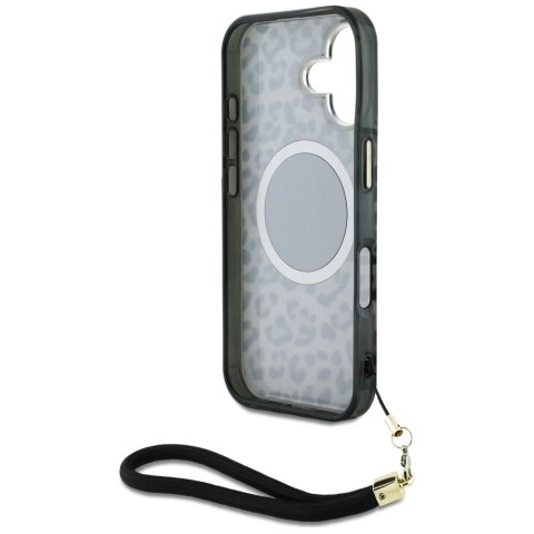 Etui Guess HC IML Leopard Triangle Cord Strap MagSafe do iPhone 16 - czarne Etui Guess HC IML Leopard Triangle Cord Strap MagSafe do iPhone 16 - czarne